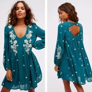 Free People Teal Long Sleeve Dress with White Floral Embroidery